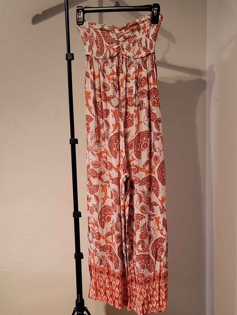 Angie Boho Smocked Bodice Floral Print Wide-Leg Jumpsuit in with Pockets